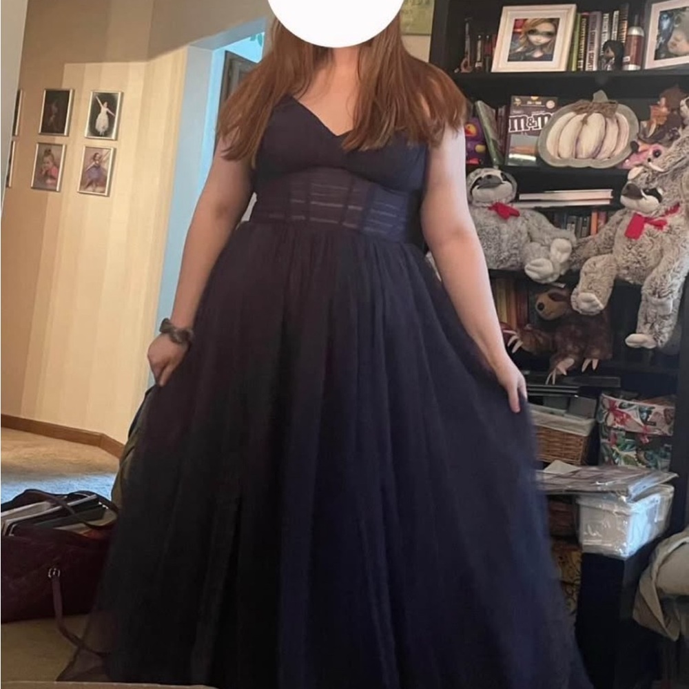 JJ’s House plus size prom dress, blue-gray - Picture 3 of 5